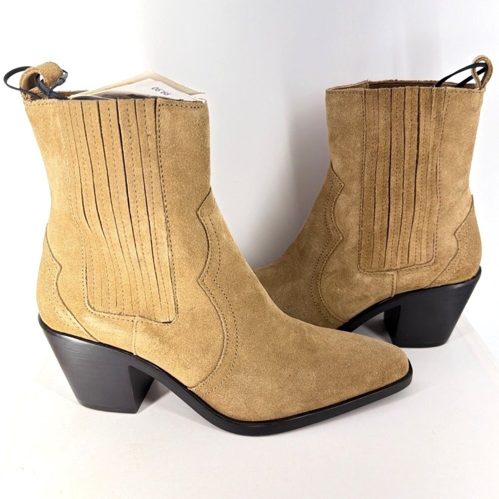 Zara Western Booties Calf Block Heel Tan Suede Boots Women Size 37 US6.5 - Picture 2 of 12